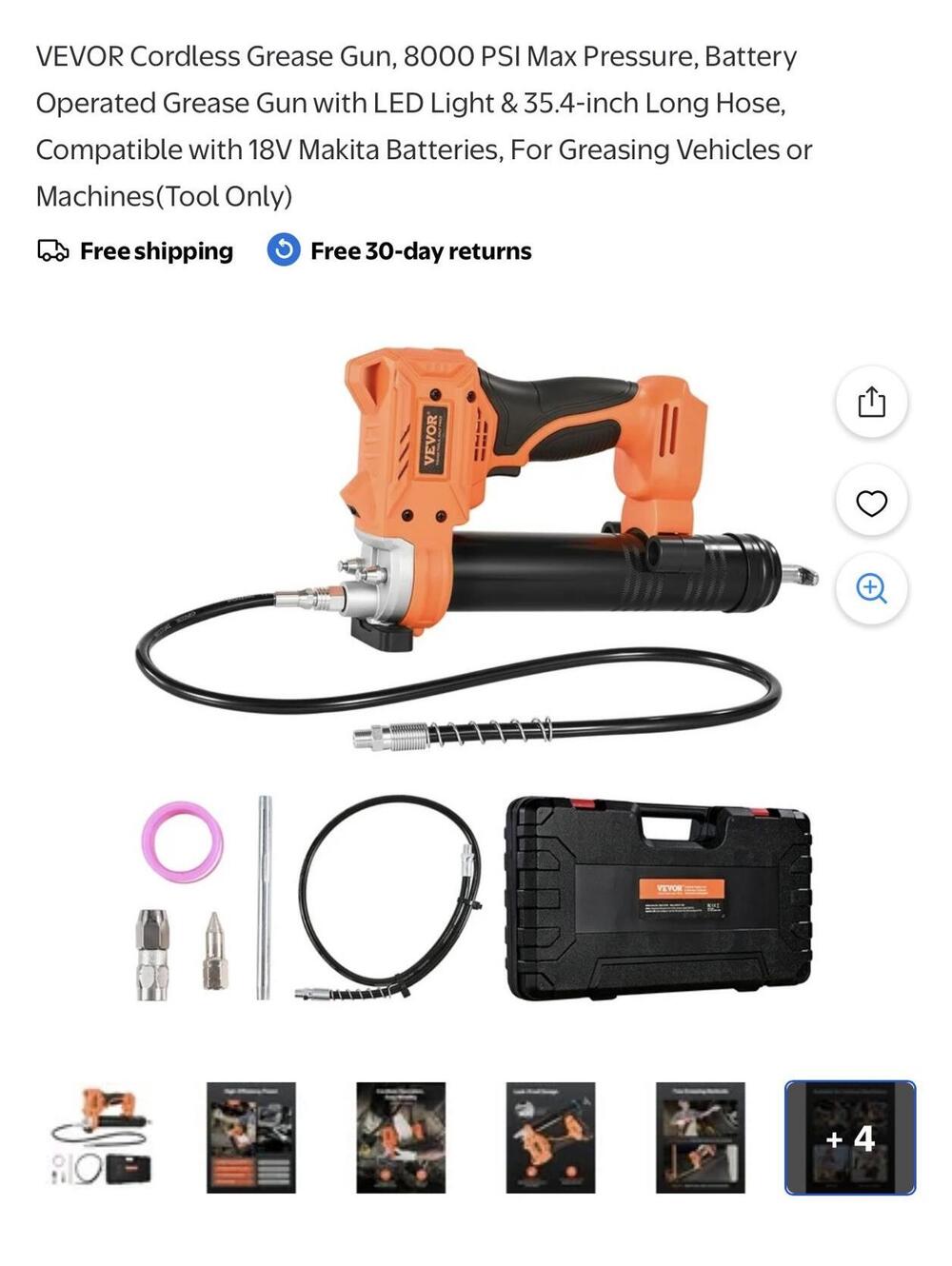 VEVOR Cordless Grease Gun 8000 PSI Max Pressure with LED Light & 35.4-inch Hose